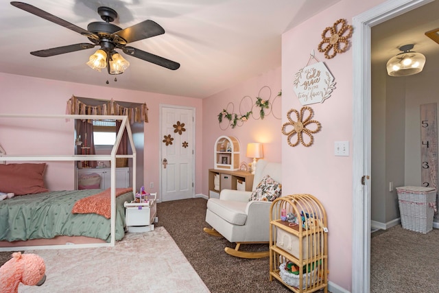 bedroom featuring carpet flooring and ceiling fan