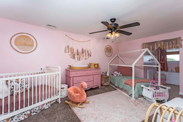 bedroom featuring carpet flooring and ceiling fan