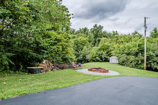 view of yard featuring a fire pit and a storage unit