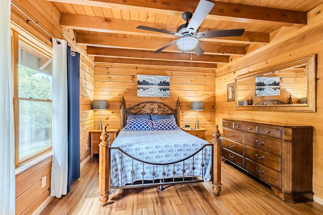 bedroom featuring beam ceiling, light wood-type flooring, and wood walls