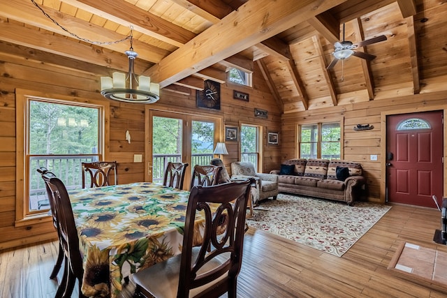 dining area with wood walls, light hardwood / wood-style flooring, and wood ceiling