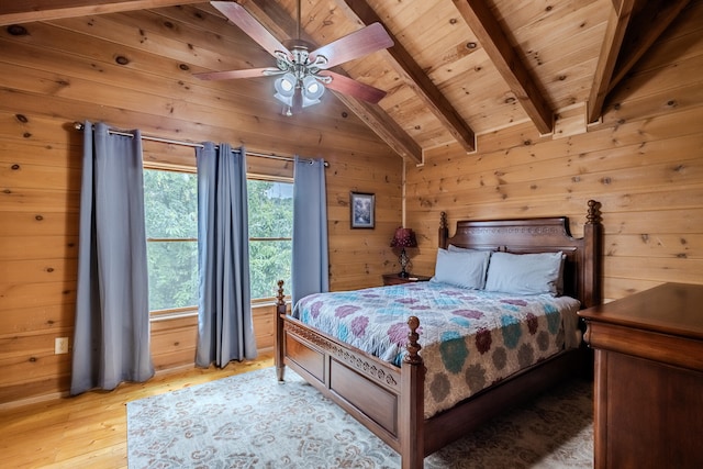 bedroom with wood walls, lofted ceiling with beams, ceiling fan, light wood-type flooring, and wood ceiling