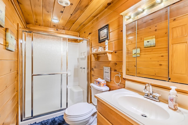 bathroom featuring walk in shower, toilet, wooden walls, vanity, and wood ceiling