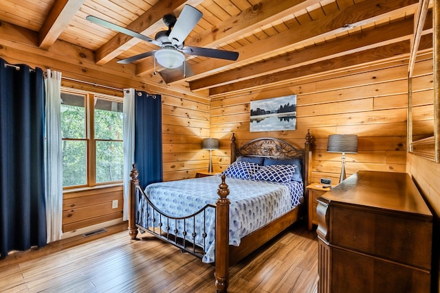 bedroom featuring beamed ceiling, wood-type flooring, wooden walls, and wood ceiling