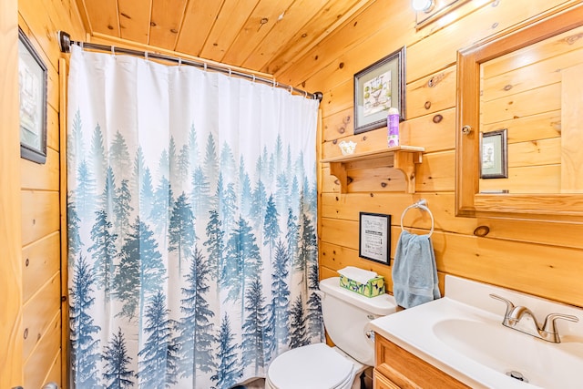 bathroom featuring walk in shower, wood ceiling, vanity, wooden walls, and toilet