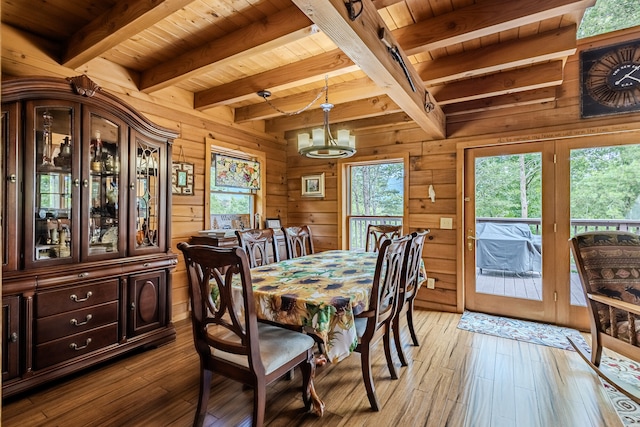 dining area featuring beamed ceiling, wood walls, light wood-type flooring, and wood ceiling