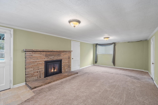 unfurnished living room featuring a textured ceiling, light colored carpet, and crown molding