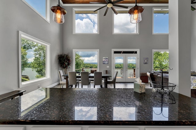 kitchen featuring plenty of natural light, hanging light fixtures, a high ceiling, and hardwood / wood-style flooring