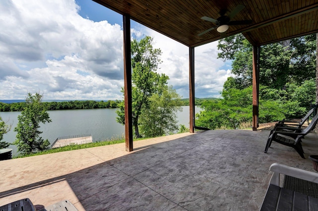 view of patio featuring ceiling fan and a water view