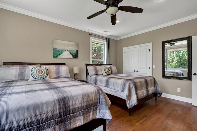 bedroom with multiple windows, ceiling fan, a closet, and dark wood-type flooring