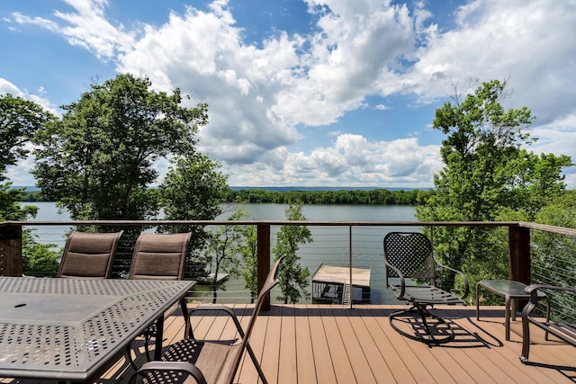 deck featuring a water view