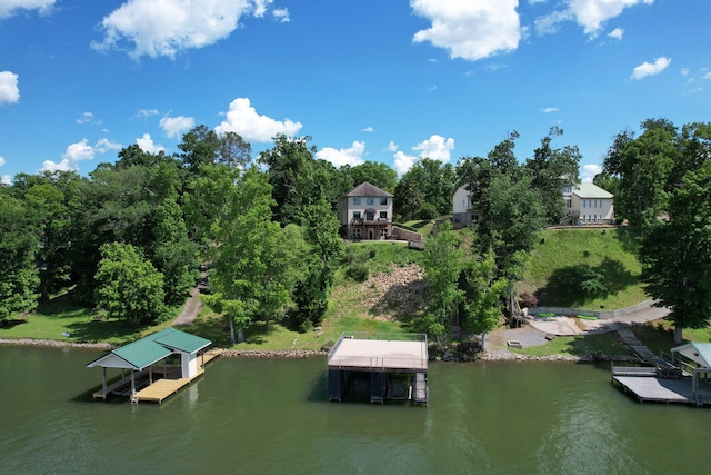 bird's eye view with a water view