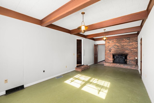 unfurnished living room featuring a wood stove and beamed ceiling