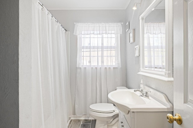 bathroom featuring toilet, a wealth of natural light, vanity, and curtained shower