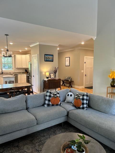 living room with crown molding