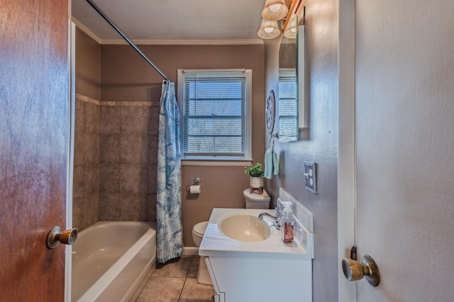 full bathroom with ornamental molding, shower / tub combo, vanity, and tile patterned floors