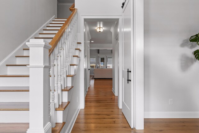 interior space with ornamental molding and hardwood / wood-style flooring