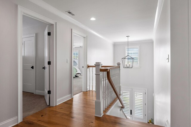 hall with hardwood / wood-style floors, an inviting chandelier, and ornamental molding