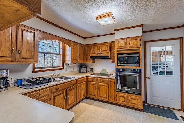 kitchen with sink, a textured ceiling, black appliances, and crown molding