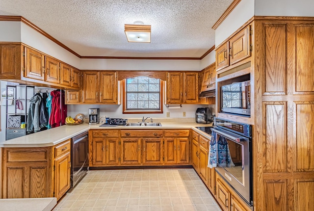 kitchen featuring stainless steel appliances, a textured ceiling, sink, and crown molding