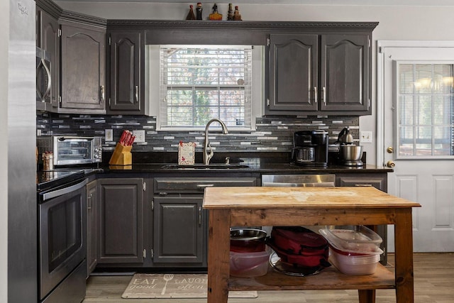 kitchen featuring light wood finished floors, tasteful backsplash, dark countertops, stainless steel appliances, and a sink