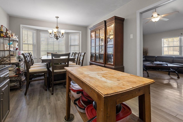 dining area featuring ceiling fan with notable chandelier, a healthy amount of sunlight, and wood finished floors