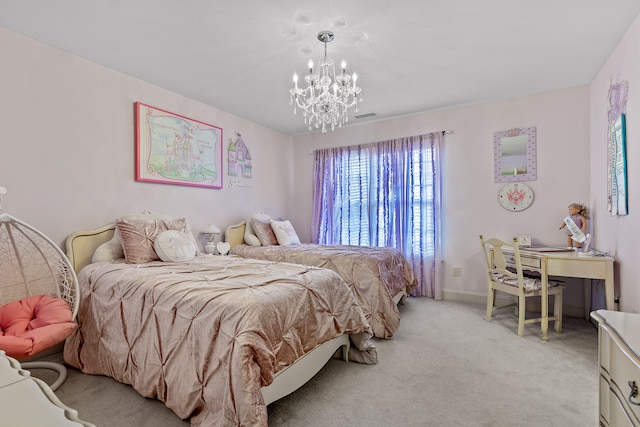 carpeted bedroom with a notable chandelier