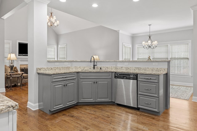 kitchen featuring light stone countertops, sink, stainless steel dishwasher, dark hardwood / wood-style floors, and gray cabinets