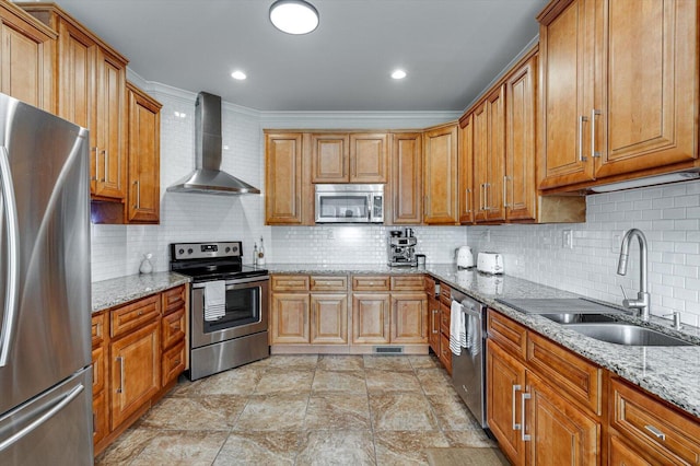 2074 Volunteer Dr SW, Cleveland, TN 37311 - kitchen with brown cabinetry, a sink, wall chimney range hood, and stainless steel appliances