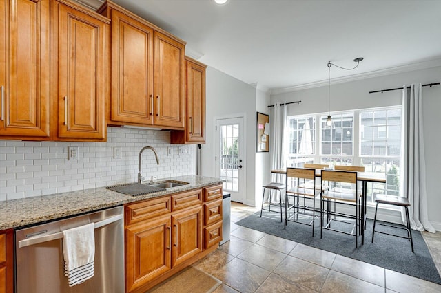 2074 Volunteer Dr SW, Cleveland, TN 37311 - kitchen with a sink, dishwasher, brown cabinetry, light tile patterned floors, and tasteful backsplash