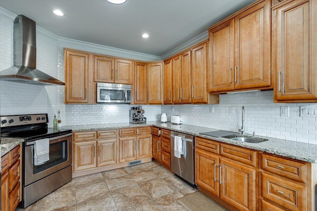 2074 Volunteer Dr SW, Cleveland, TN 37311 - kitchen with visible vents, light stone countertops, wall chimney range hood, a sink, and stainless steel appliances