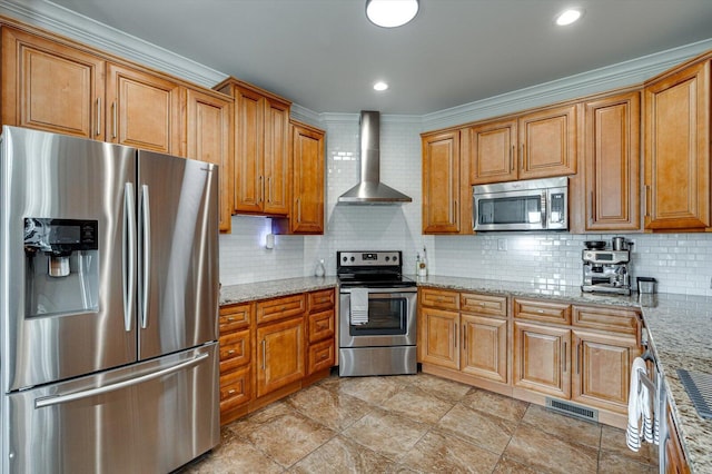 2074 Volunteer Dr SW, Cleveland, TN 37311 - kitchen with wall chimney range hood, stainless steel appliances, brown cabinets, and visible vents