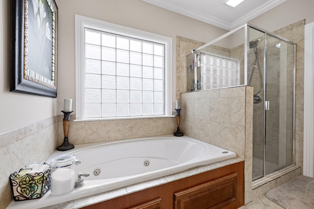 bathroom featuring separate shower and tub and crown molding