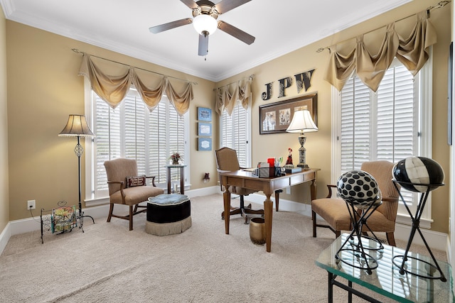 carpeted office space with ceiling fan and crown molding