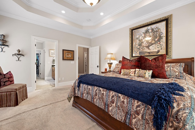 bedroom with ornamental molding, light carpet, and a tray ceiling