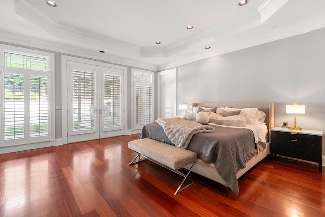 715 Pembridge Cir NW, Cleveland, TN 37312 - bedroom with a raised ceiling, access to exterior, dark wood finished floors, french doors, and ornamental molding