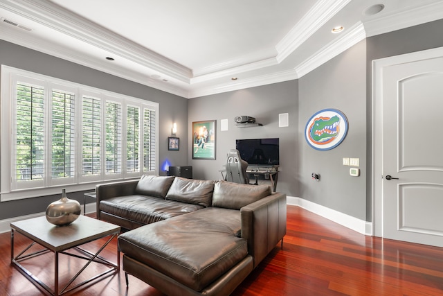 715 Pembridge Cir NW, Cleveland, TN 37312 - living area with wood finished floors, a desk, a raised ceiling, ornamental molding, and recessed lighting
