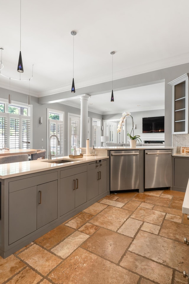 715 Pembridge Cir NW, Cleveland, TN 37312 - kitchen featuring dishwasher, gray cabinetry, crown molding, and stone tile flooring