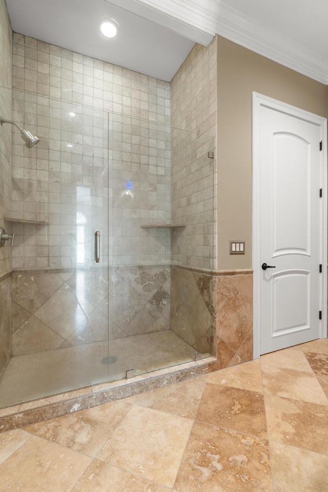 715 Pembridge Cir NW, Cleveland, TN 37312 - bathroom with ornamental molding, a stall shower, tile walls, and recessed lighting