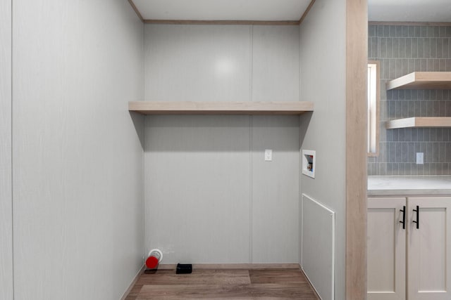 washroom with washer hookup and light hardwood / wood-style flooring