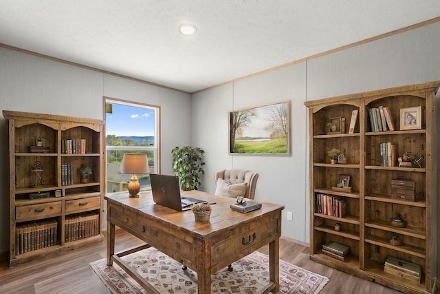 office featuring hardwood / wood-style floors, a textured ceiling, and ornamental molding