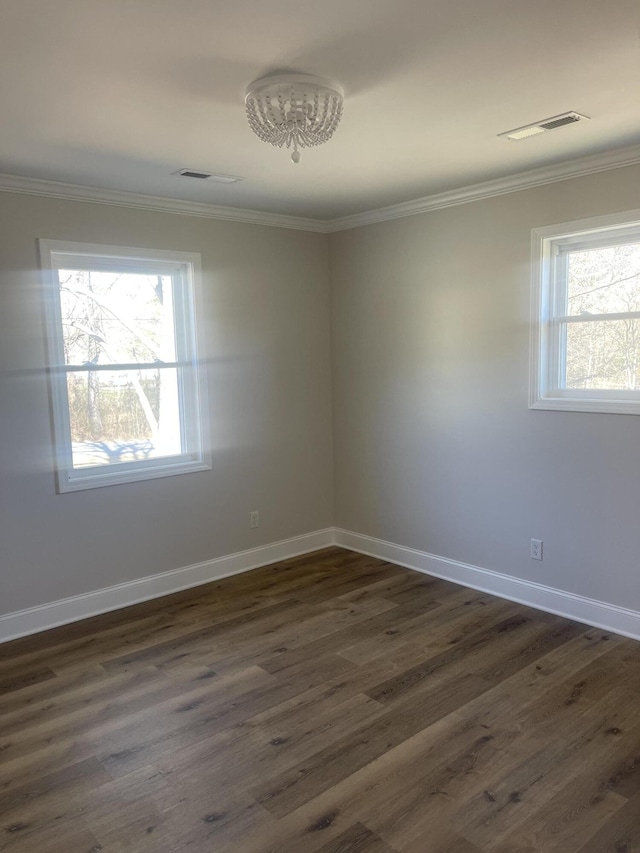 spare room featuring visible vents, plenty of natural light, baseboards, and dark wood-style floors