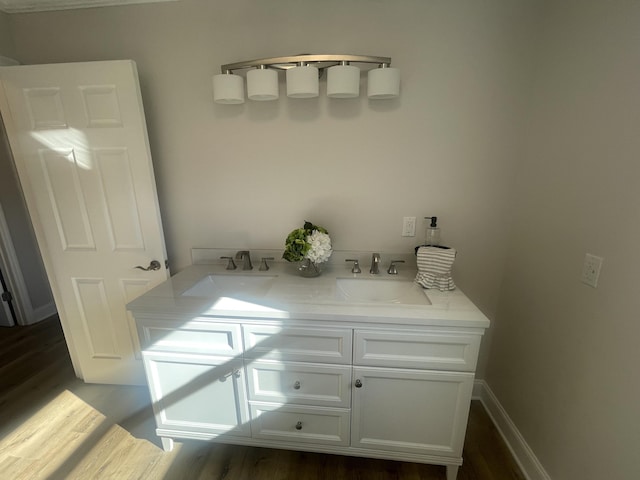 bathroom featuring a sink, baseboards, wood finished floors, and double vanity