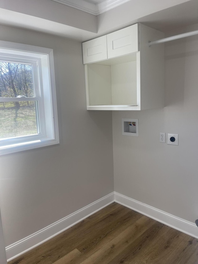 laundry room with baseboards, laundry area, hookup for a washing machine, dark wood-style floors, and hookup for an electric dryer