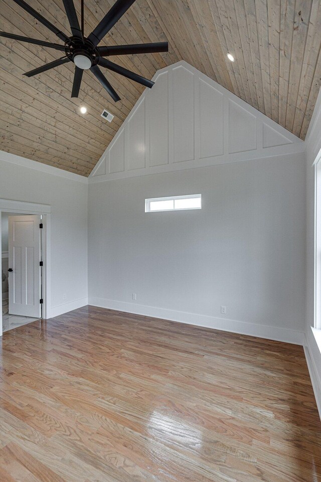 empty room with ceiling fan, wooden ceiling, and light hardwood / wood-style floors