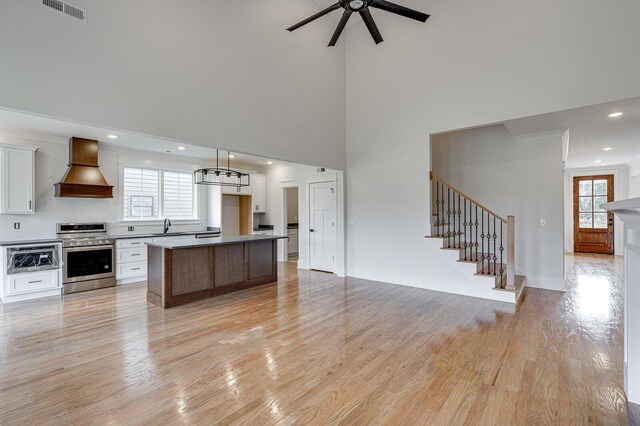 kitchen with custom exhaust hood, a wealth of natural light, white cabinetry, and stainless steel range