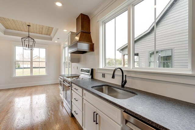 kitchen featuring white cabinetry, custom range hood, sink, and appliances with stainless steel finishes