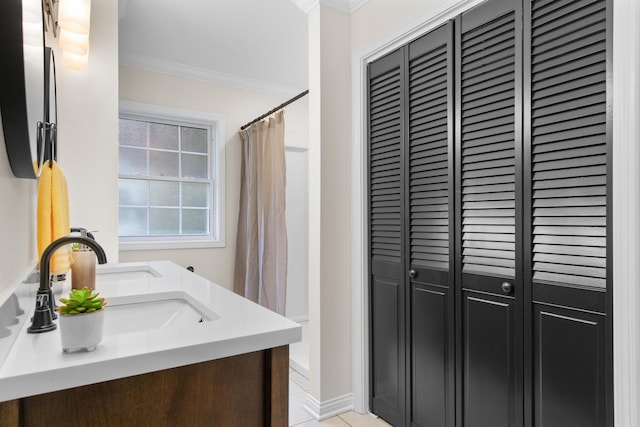 7000 Davis Ferry Rd, Loudon, TN 37774 - full bathroom featuring a closet, crown molding, vanity, tile patterned floors, and a shower with shower curtain