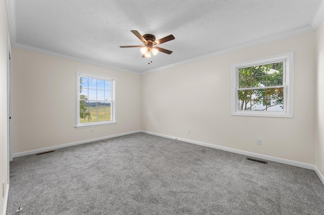 carpeted spare room featuring a textured ceiling, ceiling fan, and ornamental molding