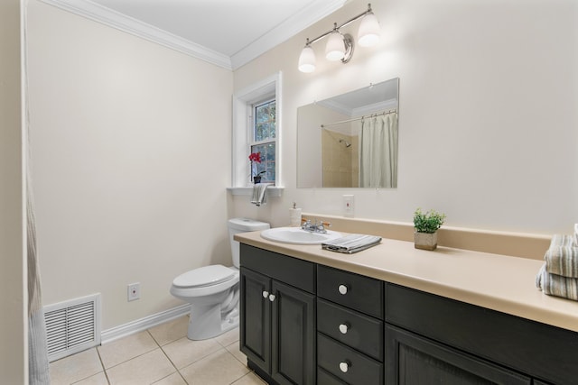 bathroom featuring a shower with shower curtain, vanity, crown molding, tile patterned flooring, and toilet